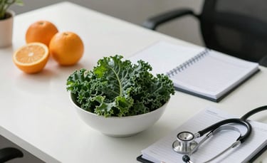 A high-end, clean nutritionist desk in a South American / Brazilian office. On the white surface, there is a fresh bowl of dark green kale and citrus fruits, a professional planner, and a stethoscope. Natural soft morning light illuminates the scene, conveying a sense of trustworthiness and professionalism. The color palette features white and soft green tones.