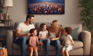 Warm-lit image of a family gathered around a tablet, enjoying worship music from Alpha Cross Omega