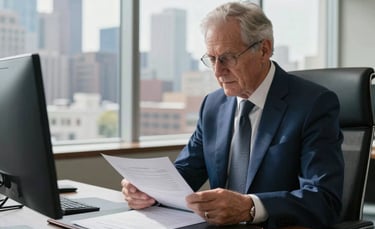 A professional wide-angle photograph of a senior attorney in a sharp navy blue suit reviewing complex contracts in a modern, sunlit North American office with a view of a city skyline. The desk is organized with a leather blotter and a gold pen.