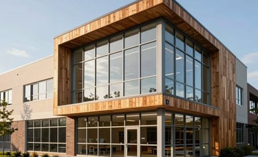 A high-quality architectural photo of a modern community school in the US, with large glass windows and sustainable wood paneling, in the late afternoon sun.