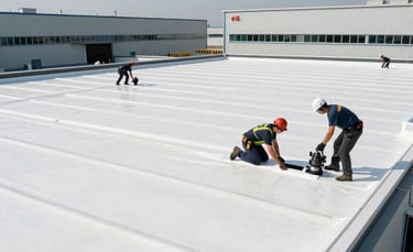 Wide-angle photography of a professional roofing crew installing white TPO membrane on a large industrial flat roof of a North American warehouse, bright daylight, clean and modern industrial setting.