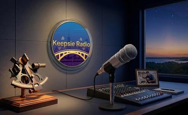 Podcast studio setup with a professional microphone, sound mixer, and Keepsie Radio logo on the wall.