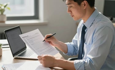 A professional North American / US accountant sitting in a modern, sunlit office, reviewing tax documents with a laptop and organized folders, symbolizing clarity and expertise.