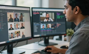 A professional South Asian / Indian content moderator working in a modern office, focused on high-end computer monitors displaying blurred social media feeds, soft morning light coming through office windows, cinematic and professional photography.