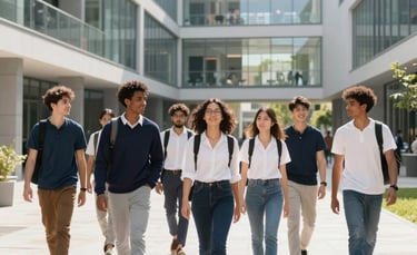 A bright, high-key photograph of a diverse group of young adults walking through a modern university campus courtyard. The architecture is contemporary with glass and steel, and the lighting is crisp morning sun. International English / Global context. Elements of brand navy and white in their attire.