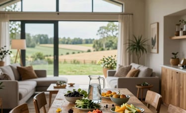 Modern living room with neutral sofas and large sliding glass doors overlooking a rolling countryside view.