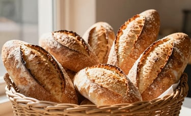 A close-up photograph of a variety of freshly baked Brazilian French breads and artisan rolls in a rustic wicker basket. Warm morning sunlight filters through a window, highlighting the golden crust. The setting is a clean, modern South American bakery with a Cream colored wall in the background.