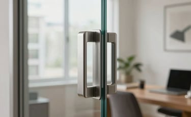 Close-up photography of a modern tempered glass sliding door with minimalist stainless steel hardware. The setting is a bright, contemporary Hispanic / Latin American home office with soft natural light reflecting off the clean glass surface.