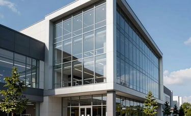Commercial photography of a modern Slovak retail and business park with clean glass architecture, steel blue sky, and a professional atmosphere in daylight, Central European setting.
