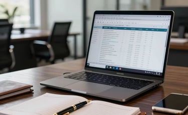 A professional accounting workspace in a modern Costa Rican office. On a dark wooden desk, there is a sleek laptop showing financial spreadsheets, a leather-bound planner, and a classic gold fountain pen. The lighting is bright and airy, reflecting a high-end corporate environment.