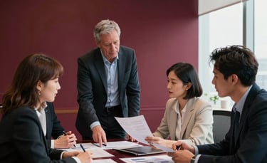 A professional North American creative team in a high-end office with deep ripe crimson and crisp parchment decor, brainstorming over marketing materials, soft cinematic lighting, sophisticated and strategic mood.