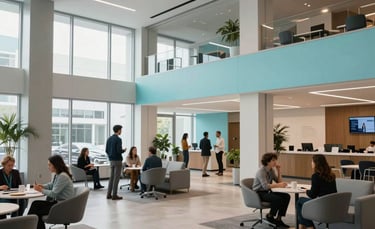 A high-quality photograph of an open, airy North American office lobby with modern Celadon Blue accents and people chatting comfortably in the background.