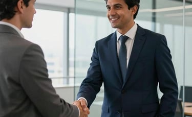 A professional South American / Brazilian consultant in a sharp navy suit shaking hands with a client in a modern, glass-walled office filled with natural light and white accents.