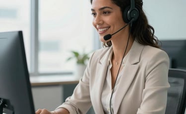 A professional South American / Brazilian woman wearing a headset, smiling while working at a clean, modern desk in a bright office. Soft natural daylight from a large window. The interior design uses a palette of light blue and off-white. Professional photography, sharp focus.