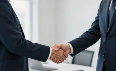 A photograph showing a handshake between two professionals in a brightly lit Danish office, representing agreement and trust, with a color palette of deep navy blue and soft white.
