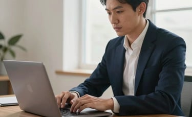 A professional in a bright, modern North American home office focusing on a laptop screen, soft natural window light, warm wooden desk, sophisticated and clean atmosphere using dark blue and off-white tones.