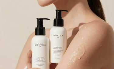 Minimalist display of body care products with soft lighting and clean background