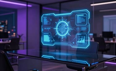 A futuristic holographic AI interface glowing in neon blue, floating above a minimalist black glass desk in a high-tech North American office at night. Soft purple ambient lighting reflects off sleek surfaces.