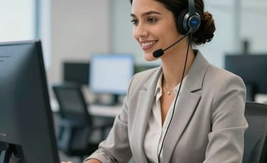 A professional South American / Brazilian call center receptionist wearing a modern headset, smiling and focused while working at a clean, well-lit desk. The background features a modern office with light gray and blue accents.