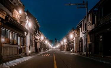 Night view of a heritage street with illuminated buildings on both sides.