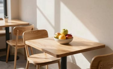 A high-angle photography shot of a minimalist Scandinavian-style cafe interior in North American / European region. Features light wood furniture, Crisp Parchment walls, and a small ceramic bowl of fresh fruit on a table. Natural, bright morning light.