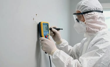 A professional mold inspector in a North American / US (Florida) home wearing white protective gear and a mask, using a specialized moisture meter on a light gray wall to detect hidden water damage. The lighting is bright and clean, emphasizing a modern safety-focused environment.