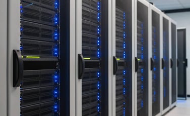 A sophisticated North American / US data center corridor with sleek off-white and dark navy server racks, illuminated by bright blue status lights, reflecting a professional and innovative atmosphere.