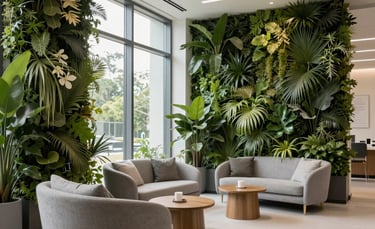 Interior shot of a biophilic medical office in North America, showing vertical green walls, large windows, and modern sustainable furniture.