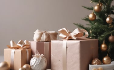 Close-up of a stylish gift basket with candles and ornaments.