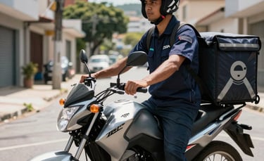 A professional delivery courier wearing a dark blue uniform and helmet, standing next to a silver motorcycle on a sunny urban street in a modern Brazilian neighborhood. The lighting is bright and crisp, highlighting the efficiency and speed of the service.