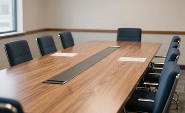 A wide shot of a clean, sophisticated North American conference room with a large wooden table and navy chairs, bathed in soft, natural light.