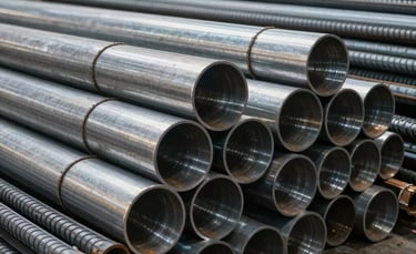A clean, professional photograph of a variety of industrial steel pipes and thick rebar neatly stacked in a brightly lit Brazilian warehouse. The composition is sharp and modern, highlighting the metallic texture and the scale of the materials under natural light.