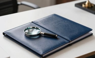 A high-end professional desk in a modern Parisian law office with a leather folder and magnifying glass, soft natural light, dark blue and white tones, European style.