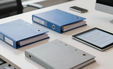 A clean, modern office desk in a South American &amp;#x2F; Brazilian professional setting. On the table are neatly organized administrative folders in muted blue and light gray, a smartphone, and a tablet showing a document. The lighting is bright and airy from a nearby window, creating a trustworthy and efficient atmosphere.
