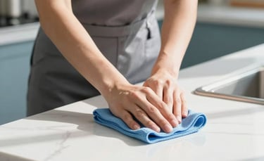 A professional cleaner in a bright, modern North American kitchen wearing a simple uniform, using a microfiber cloth to wipe down a pristine white marble countertop. Natural sunlight streaming in, highlighting the dust-free surfaces. Muted blue and pale blue accents in the background.