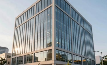 A wide-angle professional photograph of a contemporary North American corporate office building during morning hours. The architecture features clean glass lines and sustainable greenery. Soft, natural sunlight illuminates the professional environment, conveying reliability and established expertise.