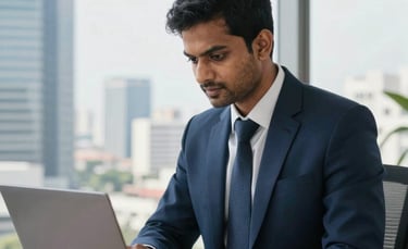 A professional South Asian male consultant in a navy suit working in a high-rise office in Bangalore, focused on a laptop with a view of the city skyline, professional and bright lighting.