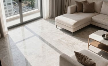 High-angle architectural photography of a bright, modern South American apartment living room in Belo Horizonte. Large windows showcase Brazilian sunlight, featuring polished light grey porcelain floors, sophisticated cream-colored furniture, and subtle taupe accents. The style is clean, professional, and inviting for a premium real estate listing.