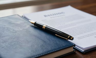 A close-up photograph of a professional British solicitor's desk featuring a high-quality fountain pen, a leather-bound legal folder, and formal parchment documents. The scene is lit with soft, natural morning light through a window, emphasizing a mood of trust and sophisticated professionalism in a UK setting. Palette colors include deep navy and white smoke.