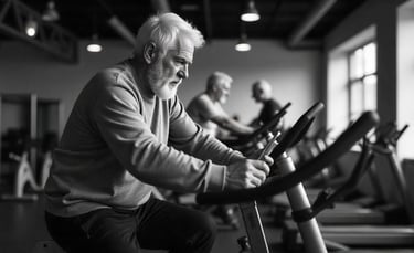 a man in a gym room with a woman on a bike