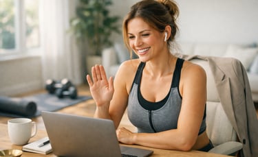 Busy professional woman in a home office engaging in an online personal training session to balance
