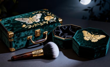 The "Midnight Garden" GWP set: a velvet trunk, makeup brush, and jewelry box.