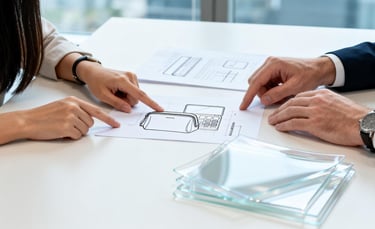 Two business professionals in a discussion over a technical document and material swatches