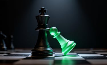 A strategic comeback: a green chess piece winning a game on a chessboard.
