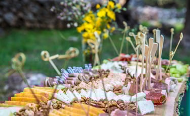 Rustic wood slab charcuterie board with gourmet cheeses, cured meats, and nuts at an outdoor picnic.