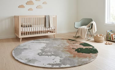 Modern round abstract map design hand-tufted rug in silver grey terracotta and forest green