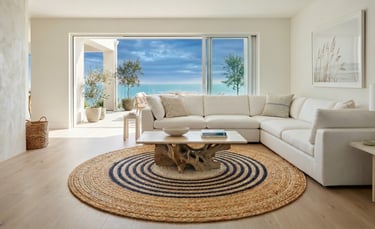 Premium eco-friendly round braided natural fiber area rug with navy blue accents from India