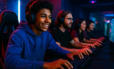 a man in a blue hoodie and headphones on a computer