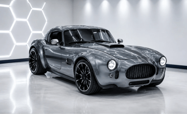 Novo AC Cobra GT Coupe com motor V8 de 720 cv em showroom moderno e iluminação premium