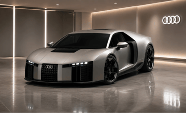 Audi Nuvolari de 986 cv em showroom de luxo com design futurista e visual agressivo